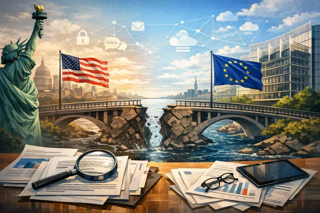 AI-generated visual representing transatlantic tensions over digital regulation with EU and US flags and digital interfaces