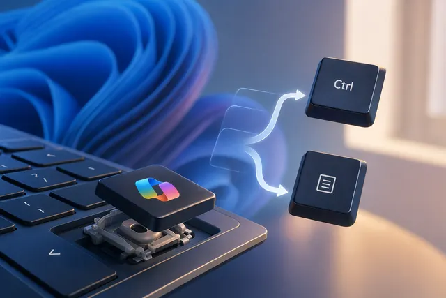 Illustration of a Windows keyboard with a Copilot key being remapped to traditional keys