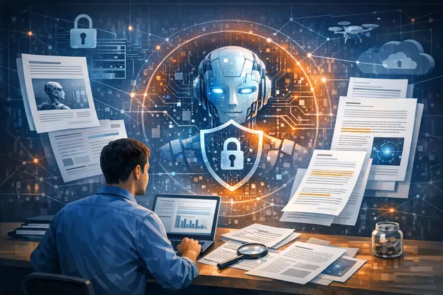 Abstract digital illustration of interconnected AI agents with cybersecurity shields and data streams representing the growing field of AI agent security.