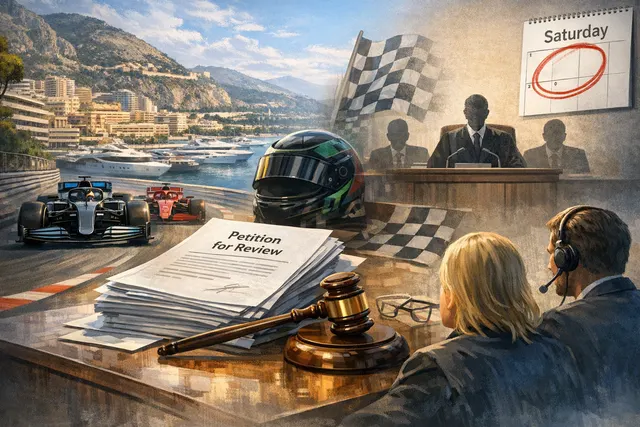 AI-generated editorial image depicting the Monaco Grand Prix podium and FIA stewards' decision documents