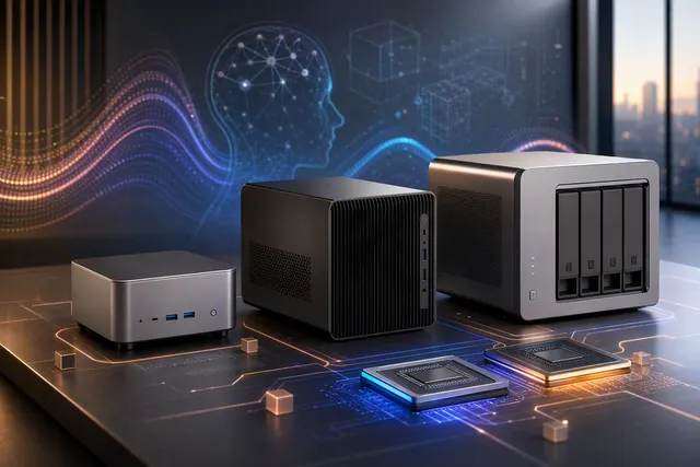 Editorial illustration of compact AI mini PCs representing AMD Gorgon Point and Gorgon Halo desktop systems