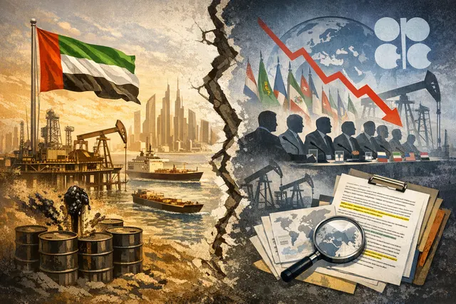 Editorial hero image for article analyzing the UAE's OPEC exit and its implications for global oil markets, production records, and cartel cohesion.