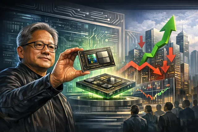 Nvidia Computex 2026 conceptual render showing the RTX Spark superchip, AI agents, Windows PC logos, stock market arrows, laptop silhouettes, and the Korean peninsula, suggesting t