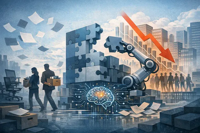 Editorial illustration of PayPal’s AI-led workforce restructuring and global fintech layoffs