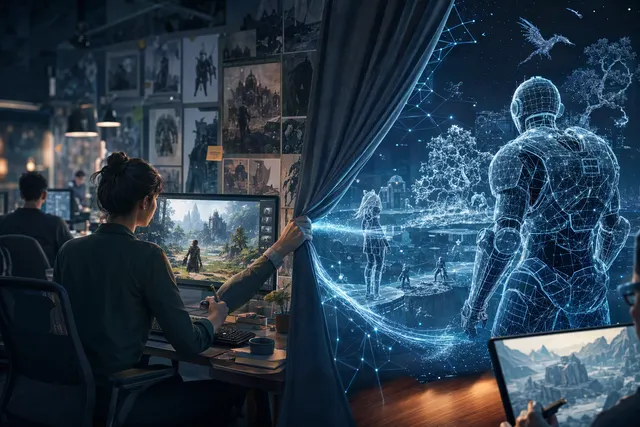 Illustrative image of AI-assisted video game development, with a computer-generated game scene on a screen