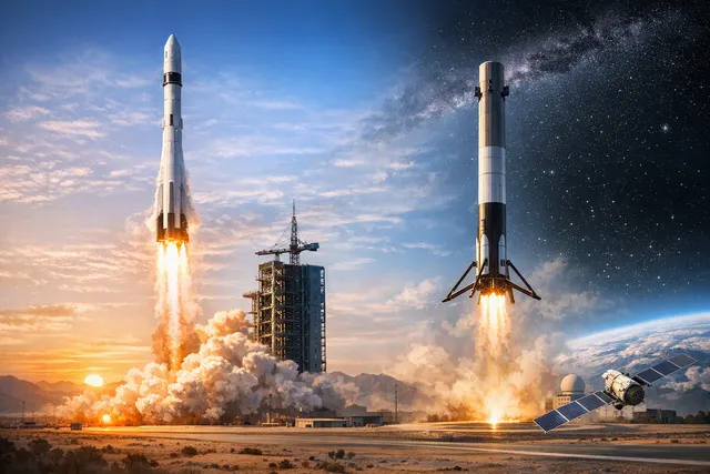 Illustration of LandSpace’s Zhuque-3 reusable rocket ascending while its first stage returns for a vertical landing