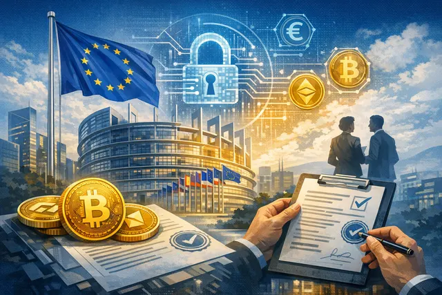 Map of the European Union with highlighted regulatory zones and a clock counting down to the crypto compliance deadline, symbolizing MiCA's impact on digital asset firms.
