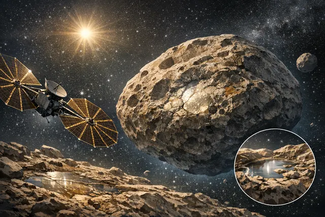 AI-generated illustration of asteroid Donaldjohanson, a peanut-shaped, tumbling main-belt asteroid with iron-rich clays on its surface