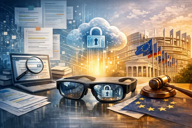 Concept image of Apple N50 smart glasses, a privacy-focused wearable expected in 2027, with EU regulatory documents in the background symbolizing European data protection scrutiny.