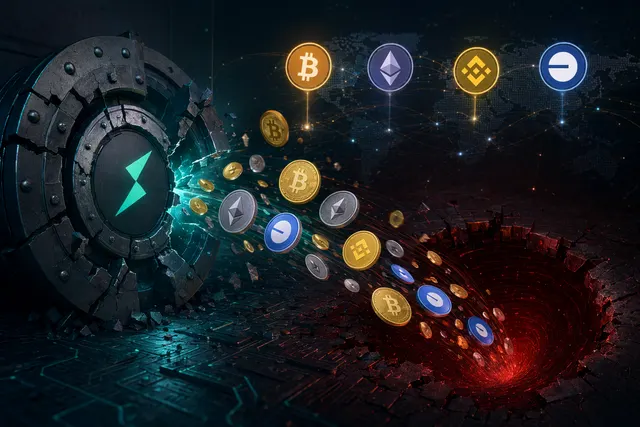 Illustration of a cross‑chain crypto vault exploit affecting Bitcoin, Ethereum, BNB Chain and Base in the THORChain incident