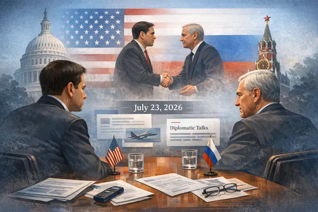 Diplomatic meeting scene representing U.S. Secretary of State Marco Rubio and Russian Foreign Minister Sergei Lavrov meeting in Manila