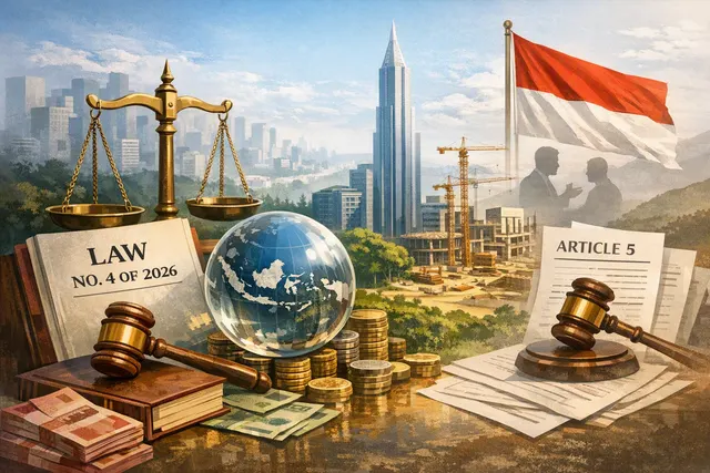 AI-generated editorial hero image showing Indonesian financial district skyline with legislative document and bond certificate overlays, representing the 2026 financial reforms inc