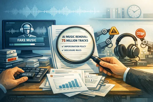 Abstract digital illustration of a music streaming interface with a wave of data representing AI-generated tracks being filtered out.