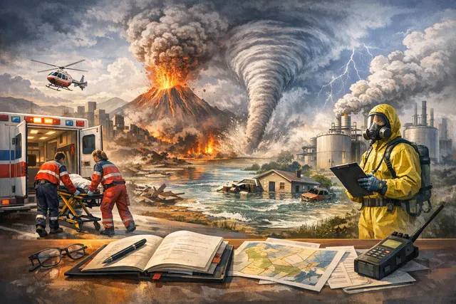 BSc Trauma and Emergency student study notes on natural disaster management, including earthquake, flood, and cyclone EMS response