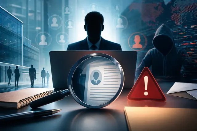 Illustration of a hiring team flagging a suspicious fake recruiter message