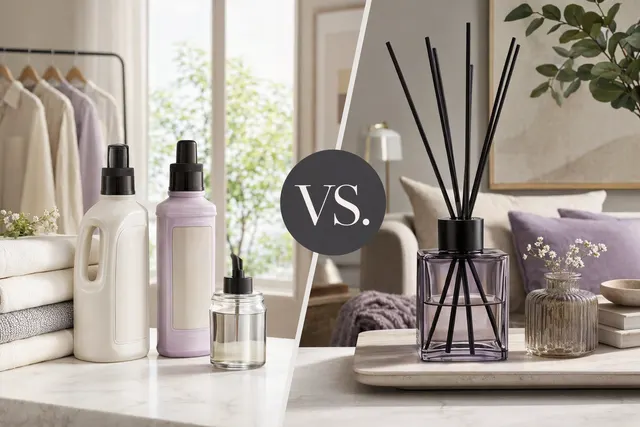 AI-generated editorial image comparing a room diffuser and fragrance gel for home fragrance