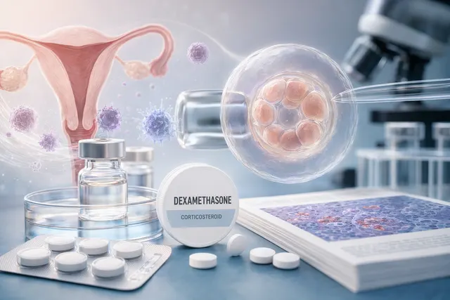 IVF 胚胎植入與 dexamethasone 免疫輔助用藥的醫療示意圖