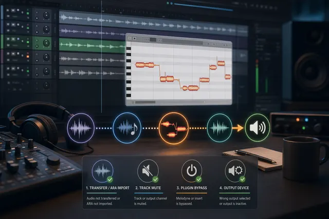 Melodyne 冇聲排查示意：DAW 畫面中的音頻波形、blobs、ARA Transfer 和輸出設定