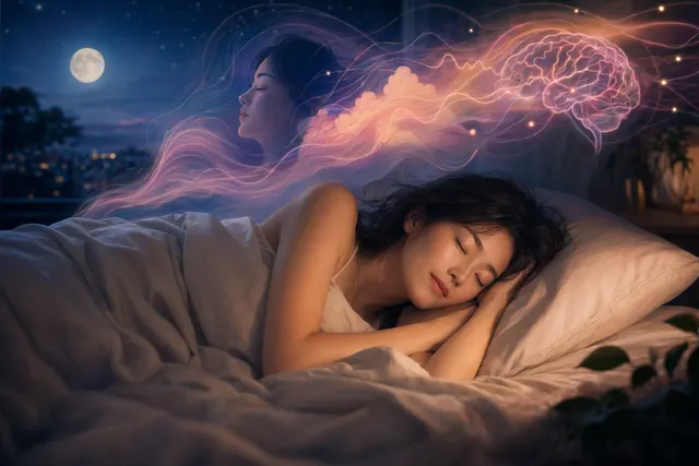 女性夜間睡眠與睡眠高潮主題的柔和插畫