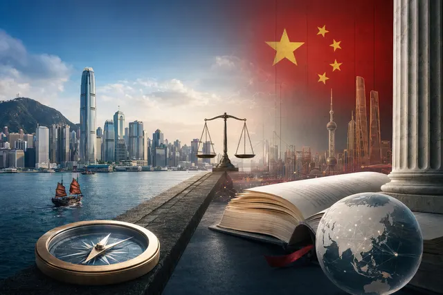 香港金融區天際線與抽象金融圖表，象徵中國金融法對香港金融中心定位的潛在影響
