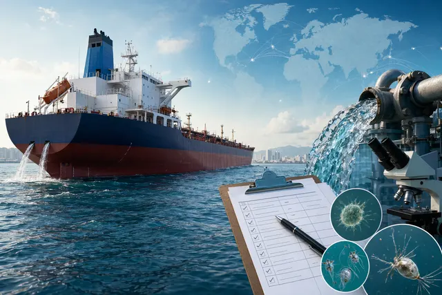 Ballast water management audit checklist beside a cargo ship and treatment-system interface
