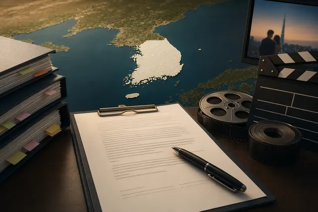 Contract drafting scene with a highlighted Korea territory definition for film and television rights