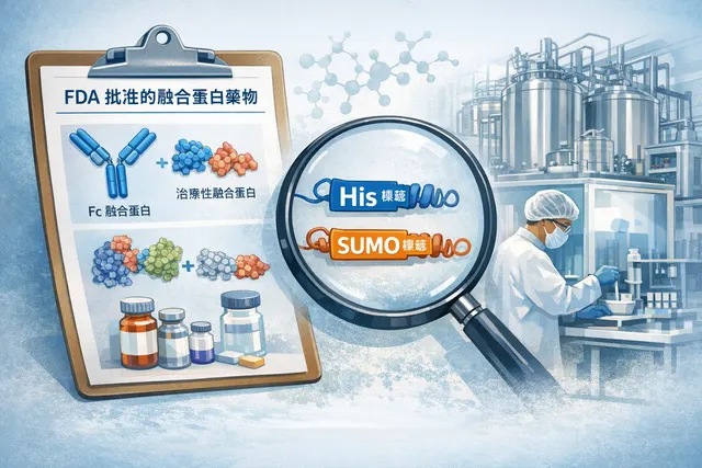 FDA有沒有批準的蛋白藥物自身帶了融合标签（如 His、Sumo)? 你用繁體字說明例子。