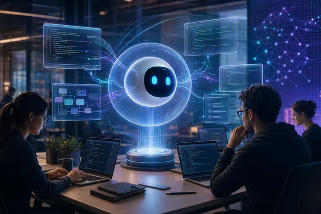 Editorial illustration for a weekly AI product launches roundup led by IBM Bob