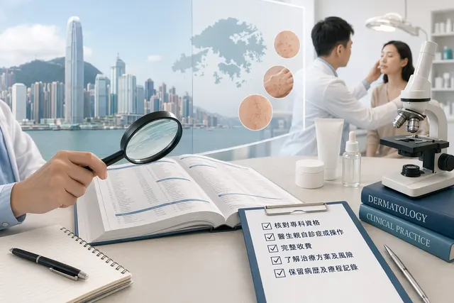 香港市區背景前的皮膚科醫生資料查證清單示意圖