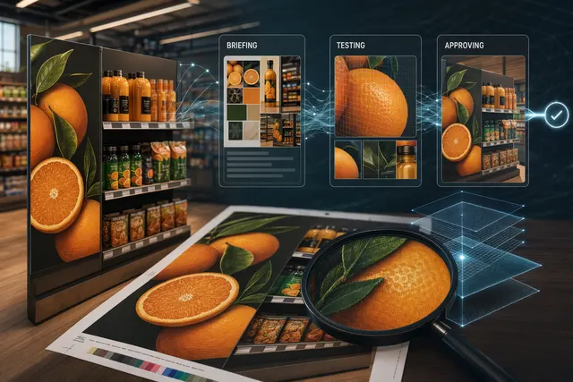 Retail POS display concept for a transformable stroller using AI-generated lifestyle imagery and print-ready layout review.