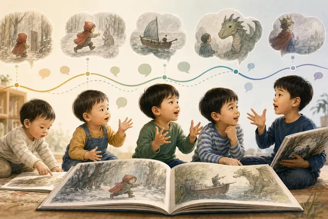 幼兒閱讀無字圖畫書並口頭說故事，旁邊以語言指標圖示呈現詞彙量、句長與詞彙多樣性
