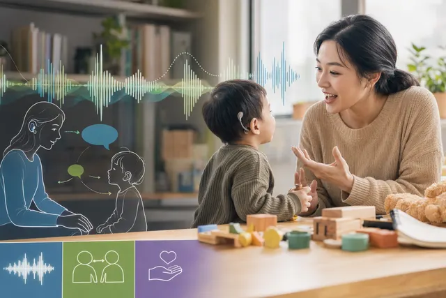 幼兒與照顧者在家中互動，旁邊有語音波形與資料圖，象徵 LENA 語言環境分析