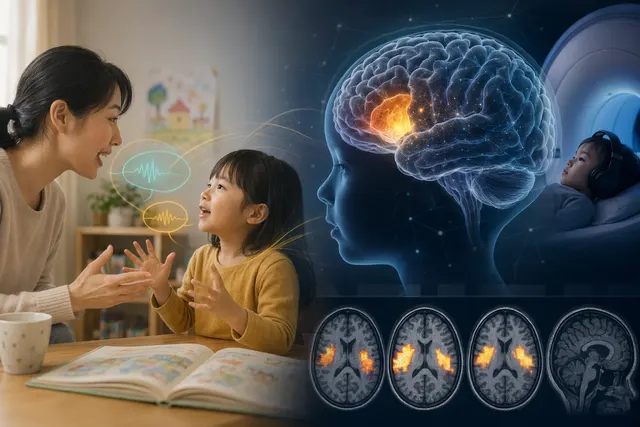 成人與幼兒共讀時輪流對話的示意圖，象徵幼兒語言發展中的對話輪替