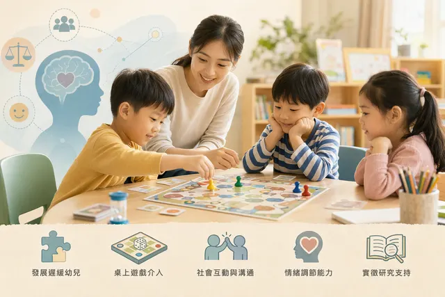 桌上遊戲促進發展遲緩幼兒情緒調節能力之相關研究,以桌上遊戲介入特殊需求幼兒之相關研究引用10年內出版之實徵研究6篇以上，其中一篇為英文
