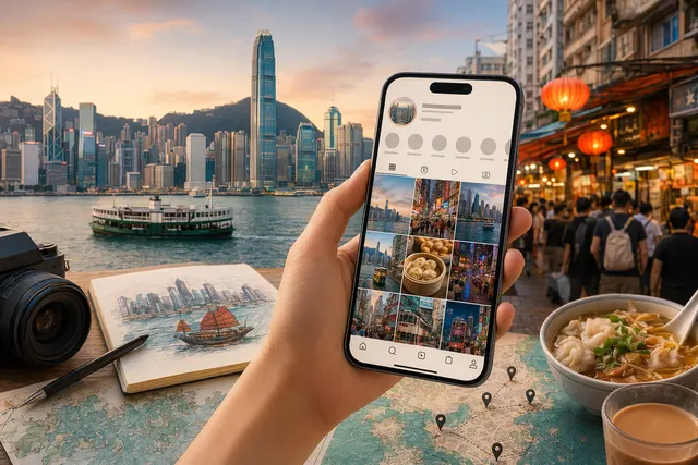 Illustration of a Hong Kong travel map with social media-style location pins