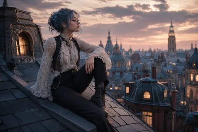AI-generated cinematic portrait of a young woman in Victorian-inspired clothing seated on a rooftop at twilight