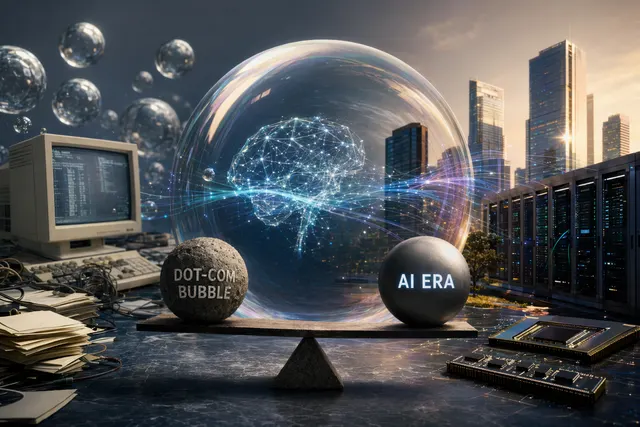 Abstract AI circuit sphere over a stock-market chart, illustrating AI bubble risk in 2026
