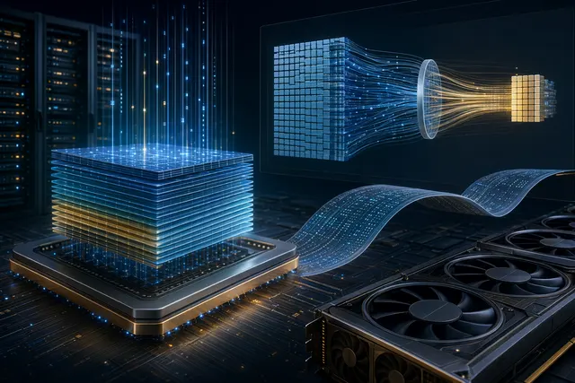 DeepSeek V4 與 KV cache 記憶體壓縮爭議的抽象示意圖
