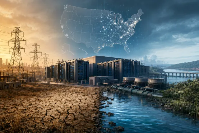 Editorial illustration of an AI data center connected to power lines, water infrastructure, and surrounding land