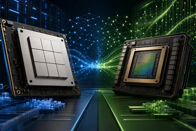 Abstract data center illustration comparing Google TPU and NVIDIA GPU AI accelerators