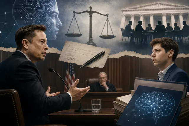 法庭天秤與 AI 晶片意象，象徵 Elon Musk 對 OpenAI 非牟利承諾與商業化爭議的審訊