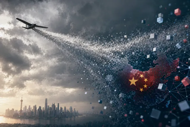 抽象數位網路與晶片意象，象徵 DeepSeek 之後中國 AI 競爭力受到全球關注