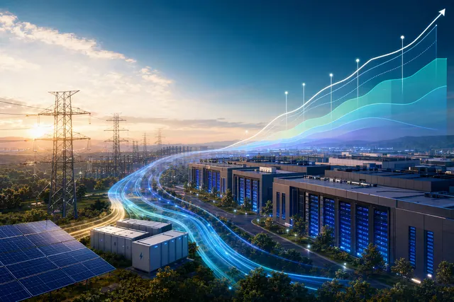 Illustration of a data center complex and power infrastructure representing delayed AI infrastructure buildouts