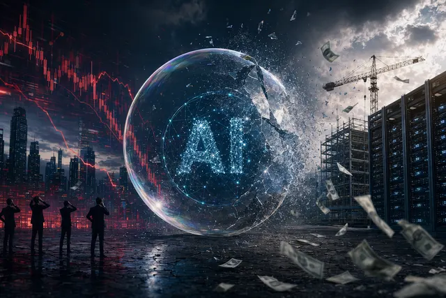 AI 버블 붕괴 시나리오를 상징하는 추상적 디지털 일러스트