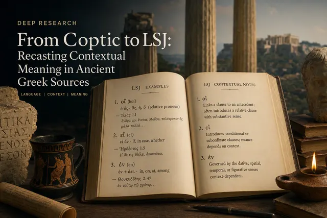 Can you transform the 'CONTEXTUAL MEANING NOTES' below from Coptic into an 'LSJ' ancient source rendering for use as examples? (e.g., " οἳ (