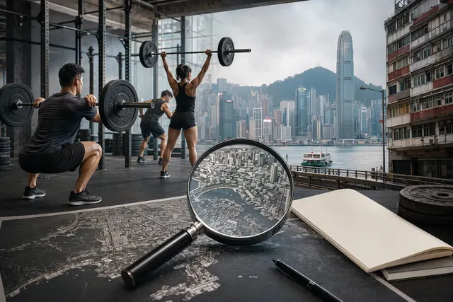 Editorial illustration of Hong Kong gym competitor research and evidence-backed business analysis