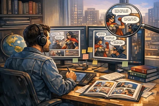Comic book panels with speech bubbles being read and translated from English to Persian text on a digital workspace