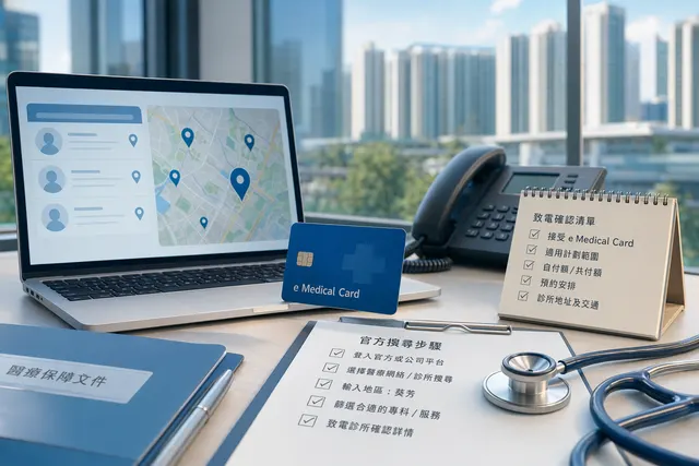 葵芳 Blue Cross 網絡醫生查找示意圖，手機顯示電子醫療卡和診所搜尋介面