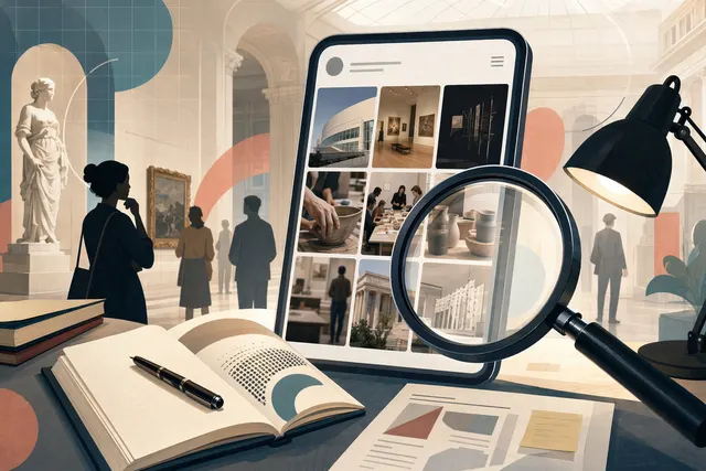 AI-generated editorial illustration of a museum Instagram audit for membership and workshop promotion
