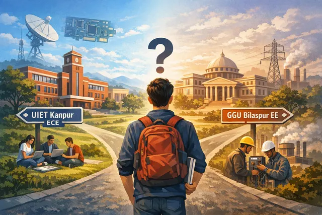 Comparison illustration of engineering college campus buildings and student life, representing UIET Kanpur ECE vs GGU Bilaspur EE decision